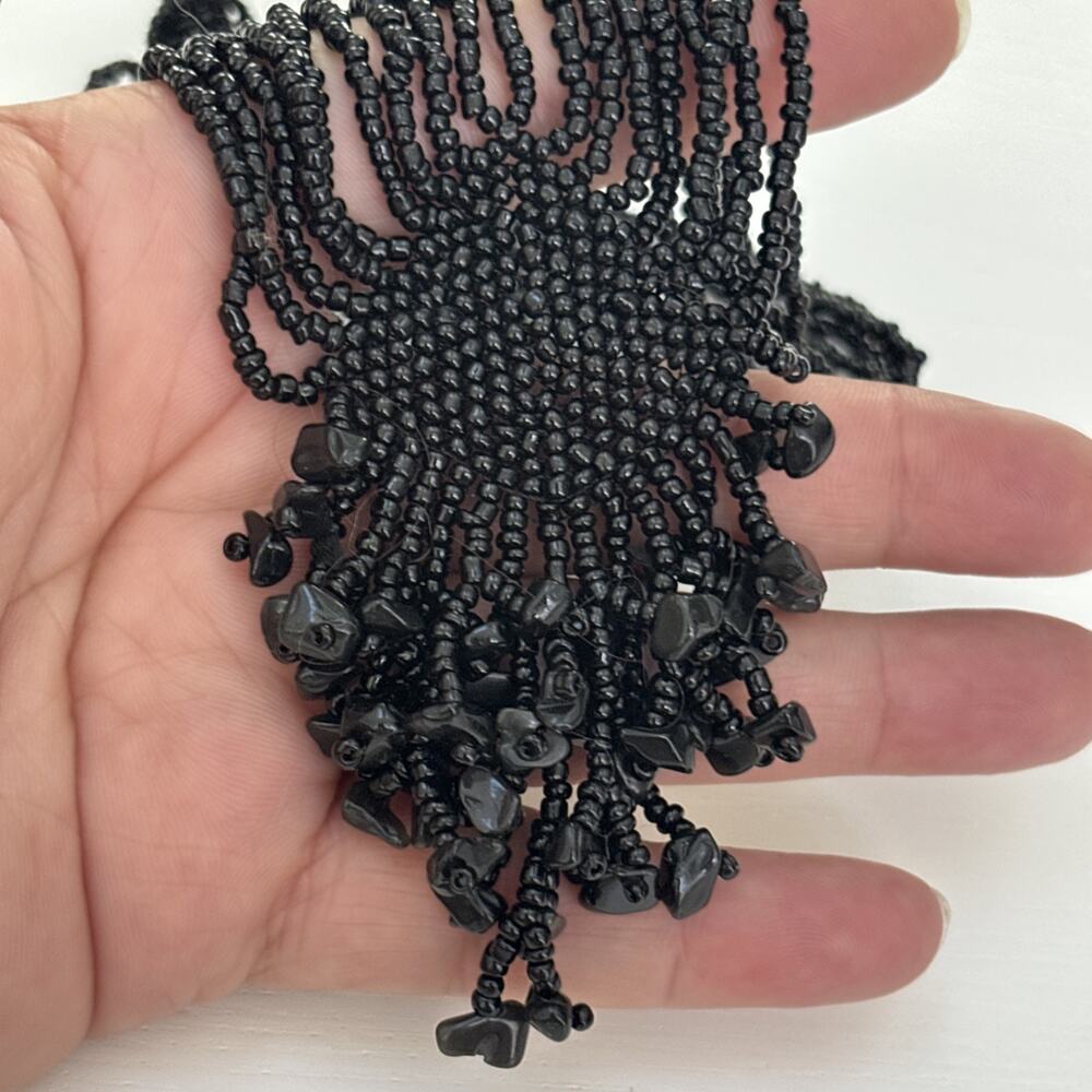Seed Beaded Multi Strand Cluster Black Onyx Statement Collar Necklace Cosplay
